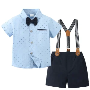 Toddler Boy Gentleman Suit Short Sleeves Shirt +Suspender Pants +Bowtie