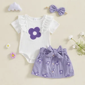 Adorable Baby Girl Romper with Matching Skirt and Headband Set for Summer