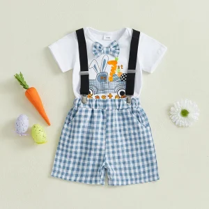 Toddler Boy Easter Clothes Blue Bunny Print Short Sleeve Round Neck T-shirt with Denim Suspender Shorts 2 Pcs Set for Spring
