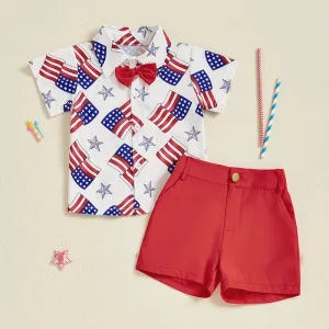 Infant Boy Independence Day Apparel Red White Blue Star Stripe Print Bowtie Top Shorts Set