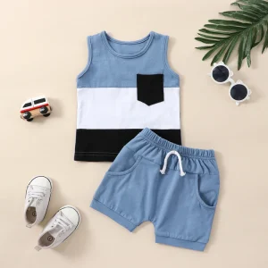 Lioraitiin 0-3Years Toddler Boys 2Pcs Summer Outfit Sets Sleeveless Contrast Tank Tops Solid Drawstring Shorts