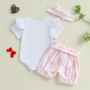 Toddler Girls Summer Set Featuring Cute Letter Print Romper Stylish Bow Pattern Shorts and Matching Headband