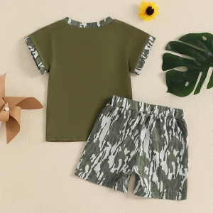 Infant Boy s Summer Outfit Set with Embroidered T-shirt and Elastic Waist Shorts
