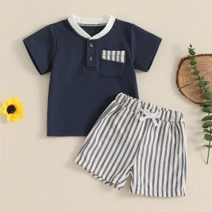 Lioraitiin Toddler Baby Boy Summer Clothes Short Sleeve Pocket T-Shirt Stripe Drawstring Shorts Outfit