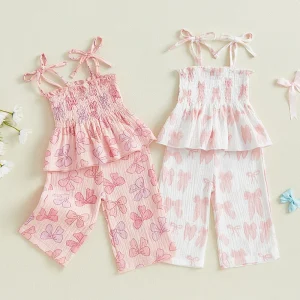 Lioraitiin Summer Toddler Kid Baby Girl Clothes Set Sleeveless Lacing Strap Camisole Elastic Waistband Pants Outfits