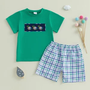 Boys Summer Outfit Short Sleeve T-shirt with Embroidered Duck Design and Plaid Shorts