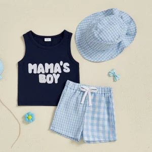 Boys Summer Outfits Sleeveless Tank Tops and Shorts Set with Letter Pattern Elastic Waist and Matching Hat