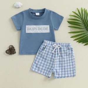 Boy s Casual Outfit with Embroidered T-shirt and Plaid Shorts Elastic Waistband 2-Piece Set for Toddlers