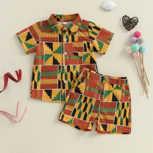 Adorable Infant Boy Outfit Stylish Geometric Print Shirt and Shorts Set with Collar Pockets and Short Sleeves for Summer Fun